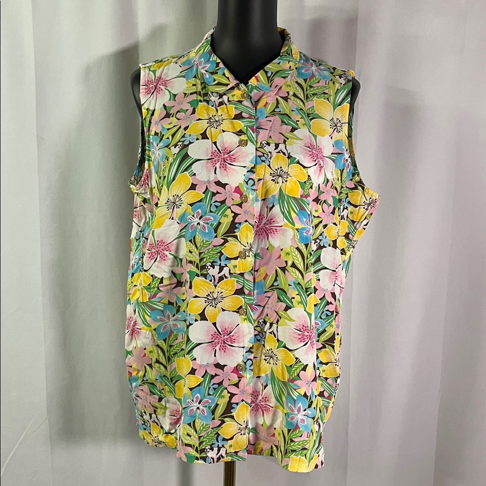Vintage 90s Big Dogs Multicolor Hawaiian Dog Print Sleeveless Button Down Shirt